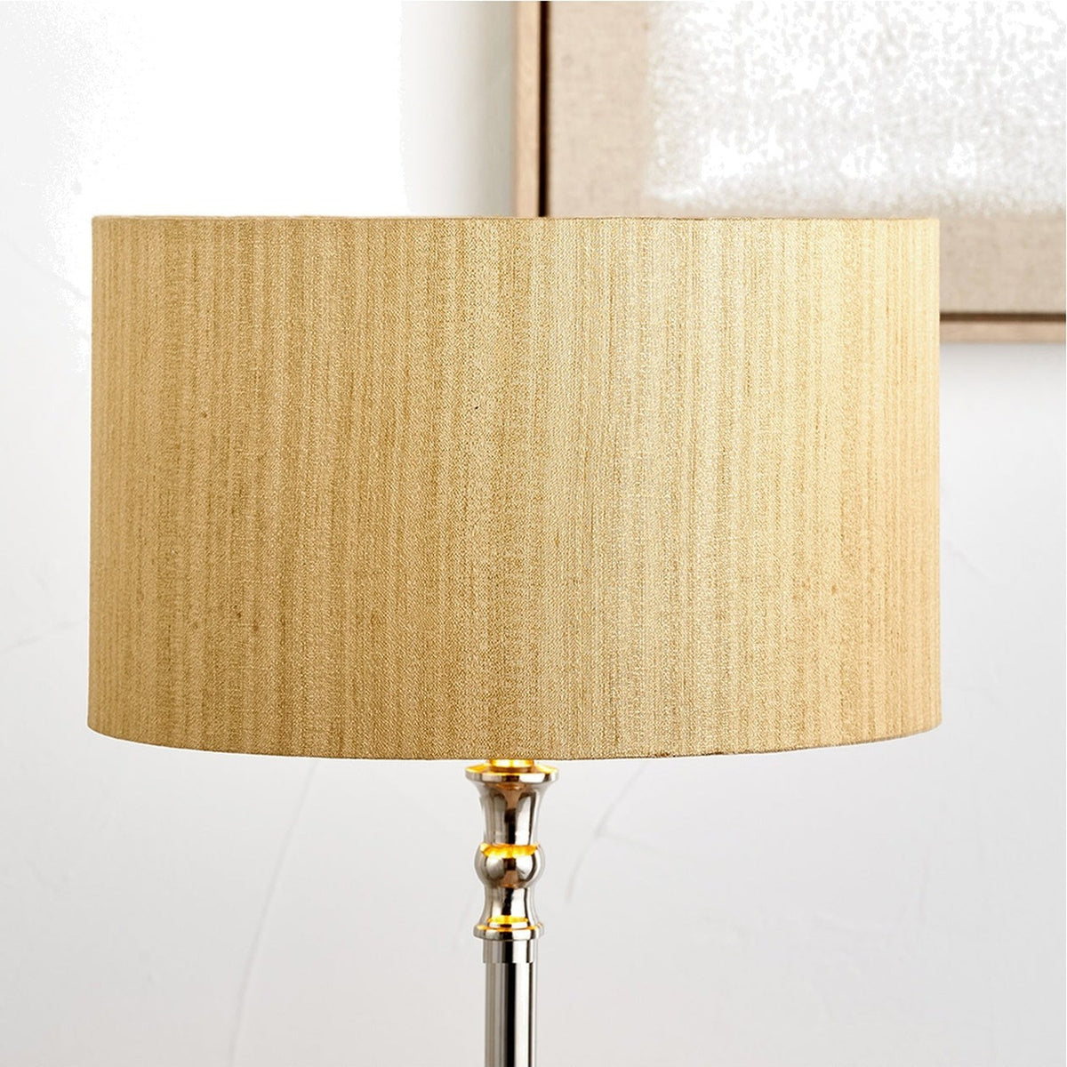 Stellan Gold Slubbed Silk Mix Lined Cylinder Lampshade, 30cm, shown fitted on a chrome floor lamp base against a plain light background.