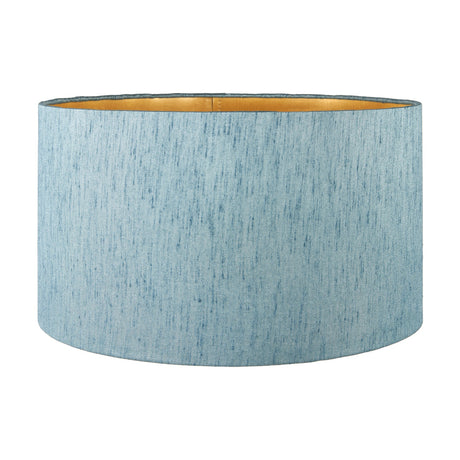 Stellan cylinder lampshade in duck egg blue slubbed silk-mix fabric with gold-lined interior, 35cm wide, shown on a plain white background.