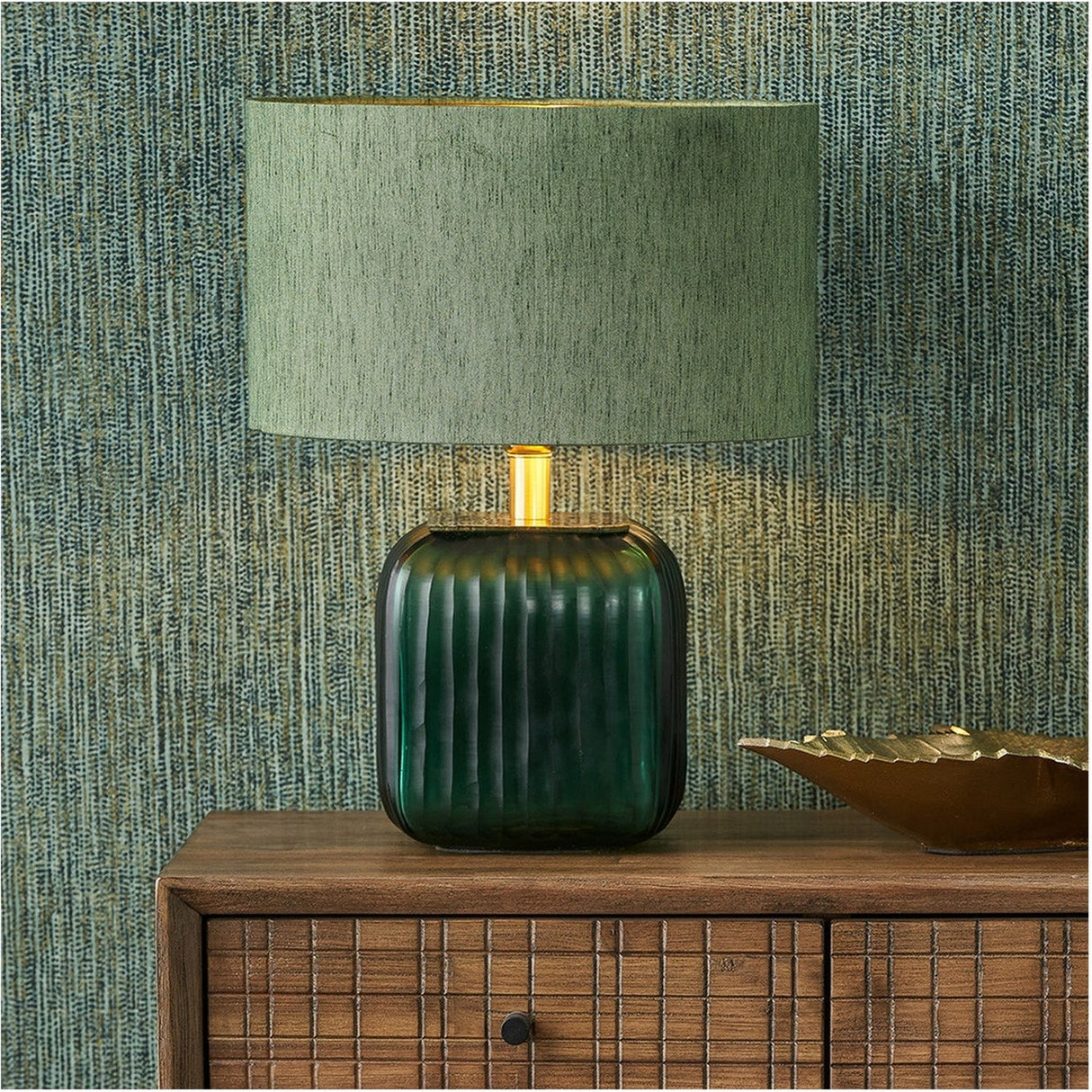 Stellan Green Slubbed Silk Mix Gold Lined Cylinder Lampshade - 35cm
