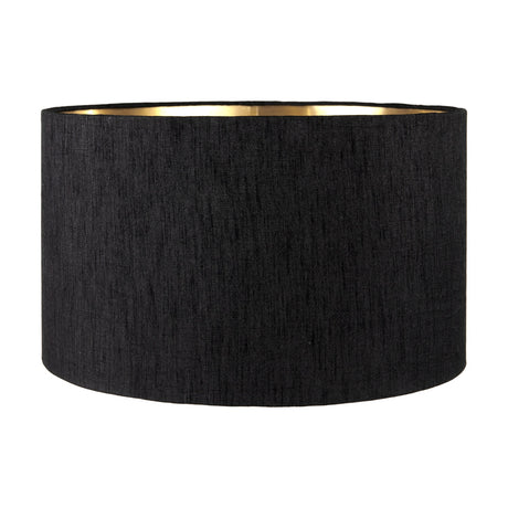 Stellan Black Slubbed Silk Mix Cylinder Lampshade, 40cm, in black fabric with a gold-lined interior, shown on a plain white background.