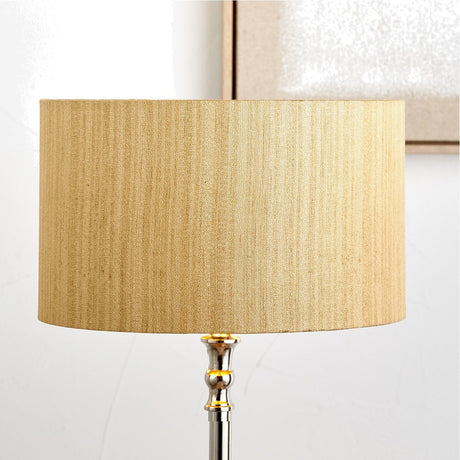 Stellan Gold Slubbed Silk Mix Lined Cylinder Lampshade, 40cm, on a chrome floor lamp base against a plain light background.
