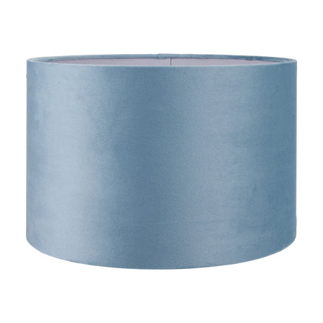 Rene Duck Egg Velvet Cylinder Lampshade, 40cm, in a soft blue fabric finish with a smooth drum shape, shown against a plain white background.
