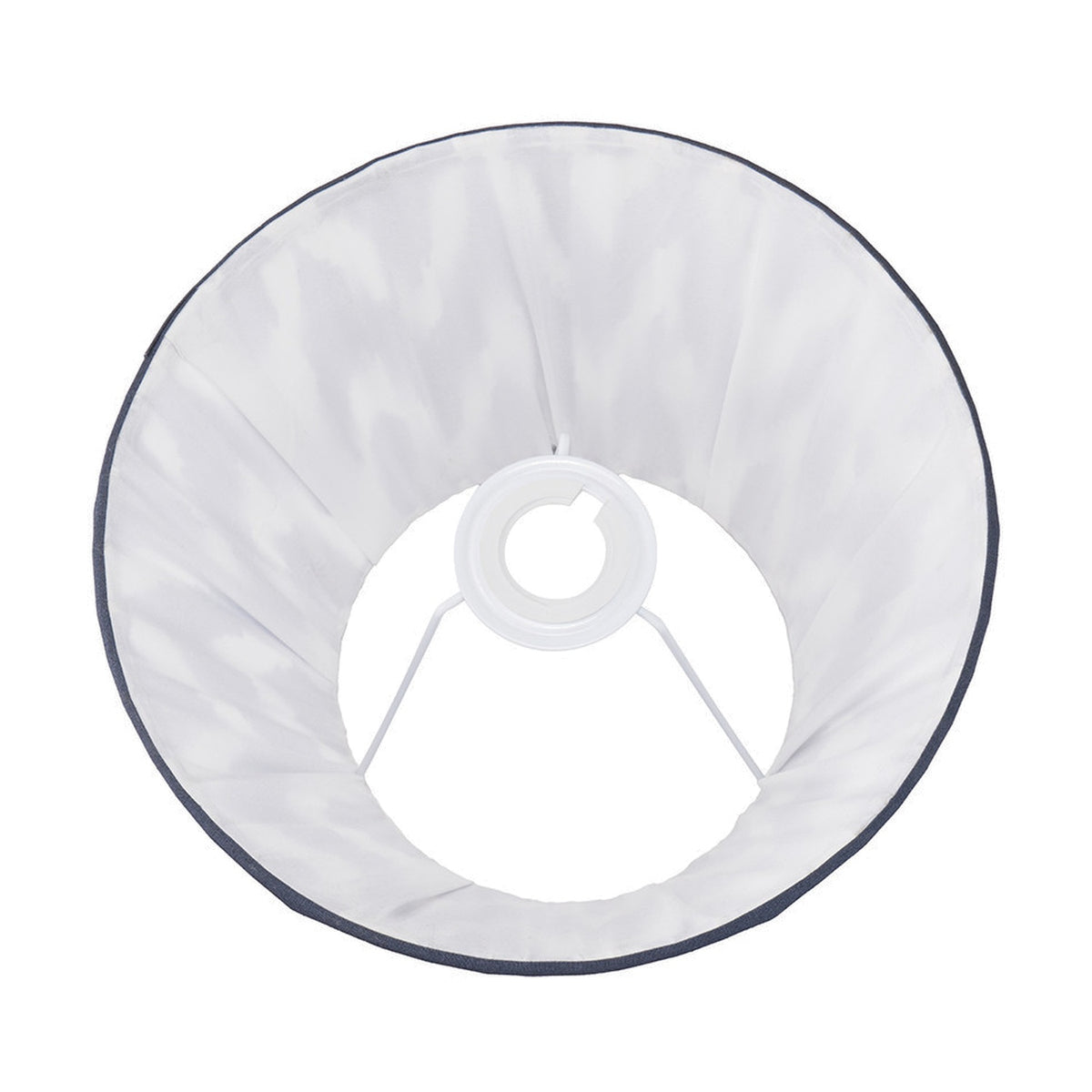 Kamilah Blue Chevron Pleated Tapered Lamp Shade, 25cm, in white fabric with a dark trim edge, shown from above with a white spider fitting, on a plain white background.