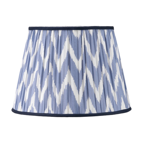 Kamilah Blue Chevron Pleated Tapered Lamp Shade, 40cm, in fabric with a blue and white zigzag pattern and navy trim, shown on a plain white background.