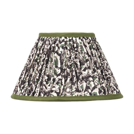 Ornella Green Floral Design Pleated Empire Lamp Shade, 25cm, in gathered cream fabric with black and green floral print and plain green trim, on a white background.