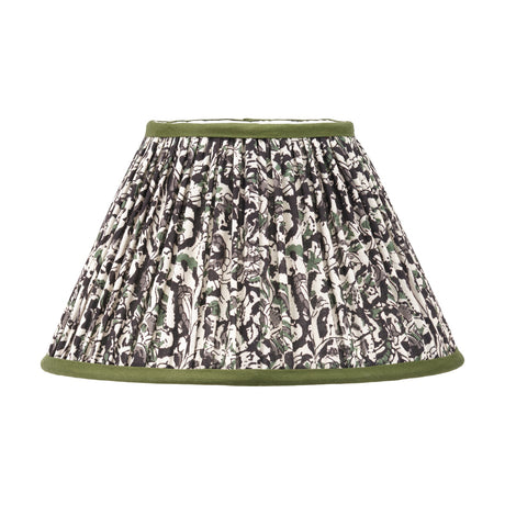 Ornella Green Floral Design Pleated Empire Lamp Shade, 30cm, in gathered fabric with black and green floral pattern and green trim, shown on a plain white background.