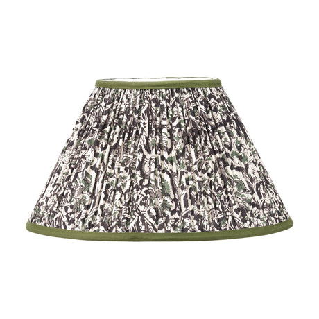 Ornella Green Floral Design Pleated Empire Lamp Shade, 35cm, in gathered fabric with green, grey and cream pattern and green trim, shown on a plain white background.