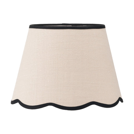 Tabitha 35cm tapered lamp shade in cream jute with black scalloped edge trim, shown on a plain white background.