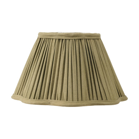 Malia Olive Green Pleated Scalloped Tapered Lamp Shade, 25cm, in gathered fabric with a scalloped trim, shown against a plain white background.