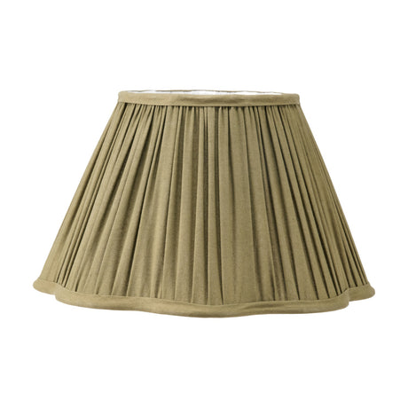 Malia Olive Green Pleated Scalloped Tapered Lamp Shade, 30cm, in fabric with a scalloped hem, shown on a plain white background.