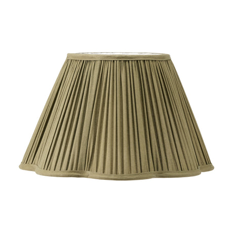 Malia tapered lamp shade, 35cm, in olive green pleated fabric with a scalloped edge, shown on a plain white background.