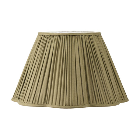 Malia Olive Green Pleated Scalloped Tapered Lamp Shade, 45cm, in fabric with a fine pleated finish and scalloped bottom edge, shown on a plain white background.