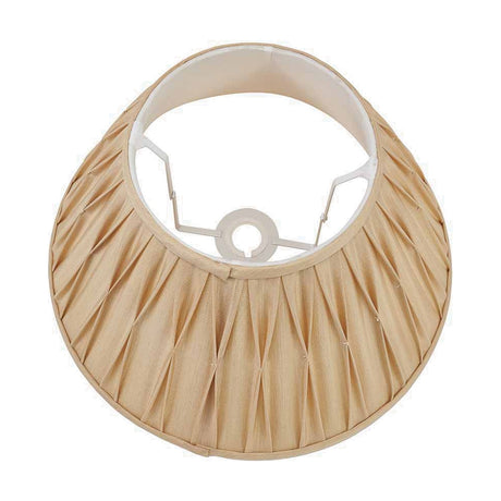 Garbo Gold Silk Mix Pinch Pleated Tapered Lampshade, 35cm, shown from above on a white background with white fabric lining and gimbal fitting visible inside.