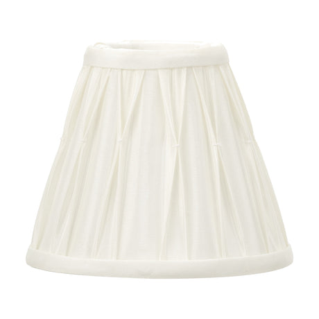 Garbo Cream Silk Mix Pinch Pleated Tapered Candle Clip Lampshade, a small tapered fabric shade with gathered pleats and rolled trim edges, shown against a plain white background.