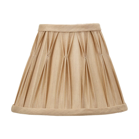 Garbo Gold Silk Mix Pinch Pleated Tapered Lampshade, 20cm, in gold fabric with pleated sides and trimmed top and bottom edges, shown on a plain white background.
