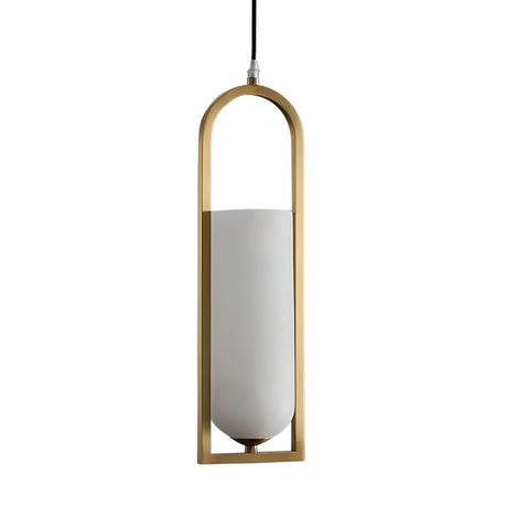 The Arvion 1 Light Slim Capsule Alabaster Single Pendant Light features a soft white cylindrical shade and brushed brass finish, elegantly suspended in a tall oval frame by a black cord.