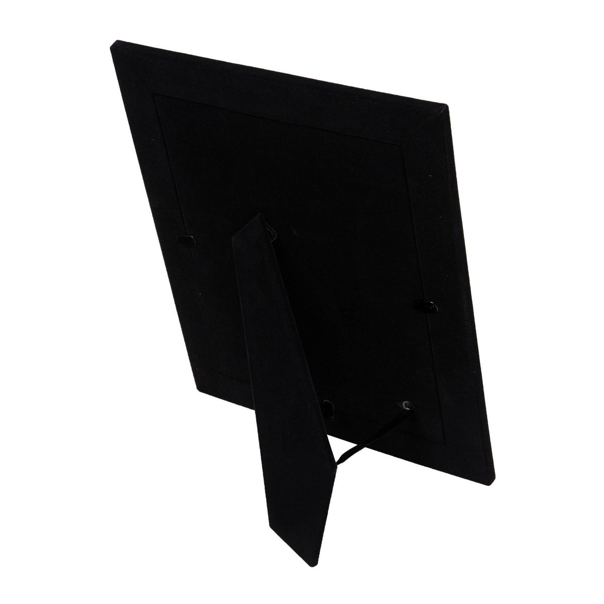 Rear view of the Flat Edge Silverplated Metal Photo Frame 8 x 6in, showing the black velvet back panel with an angled foldout stand, on a plain white background.