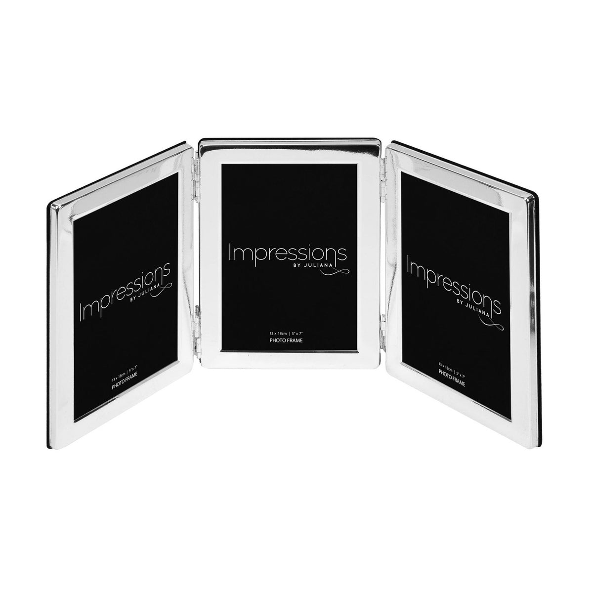 Triple photo frame with three hinged rectangular panels in flat-edge silverplated finish, holding 7 x 5in portrait prints, shown on a plain white background.
