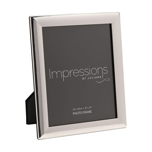 Rectangular photo frame with a smooth curved silver-plated metal edge, holding a 10 x 8in print, shown on a plain white background.