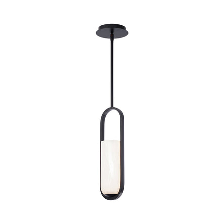 The Arvion 1 Light Slim Capsule Alabaster Single Pendant Light features a modern matte black frame, an elongated oval design, and a soft white alabaster cylindrical shade suspended from a round ceiling mount.