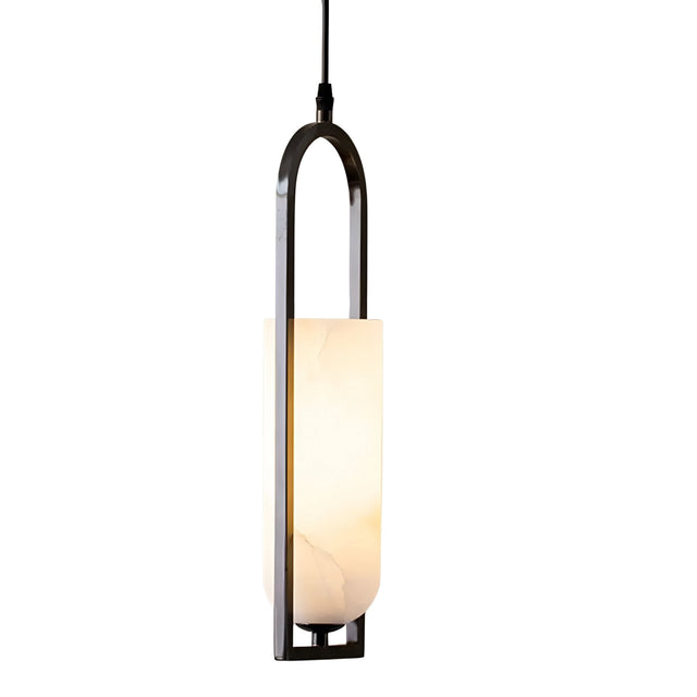 The Arvion 1 Light Slim Capsule Alabaster Single Pendant Light features a matte black finish, soft white alabaster shade, and a sleek metal frame suspended by a black cord.