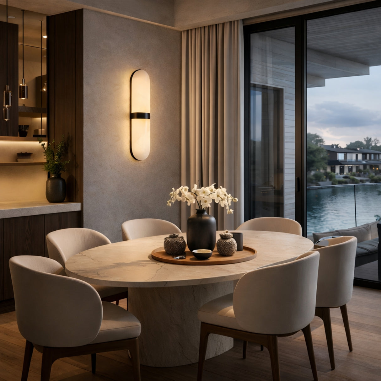 A modern dining area features a round marble table, five cream chairs, and a black vase with white flowers by a window overlooking water at dusk. The Zantari LED Cylinder Alabaster Wall Light adds soft, inviting lighting to the space.