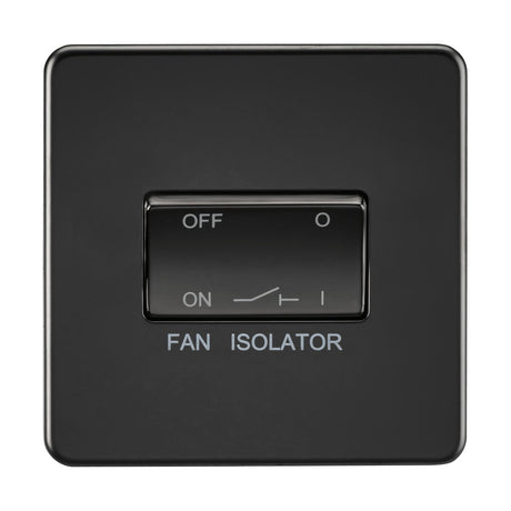 Introducing the 10AX Fan Isolator Switch in a sophisticated matt black finish. This screwless switch features a central toggle with "OFF" labeled at the top and "ON" at the bottom, and has "FAN ISOLATOR" elegantly printed below the toggle.