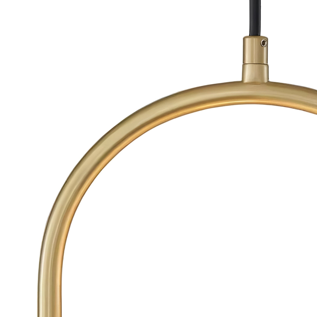 A close-up of the Halorin 1 Light Framed Alabaster Single Pendant Light in soft white and brushed brass, showcasing its smooth curved frame suspended by a black cord against a white background.