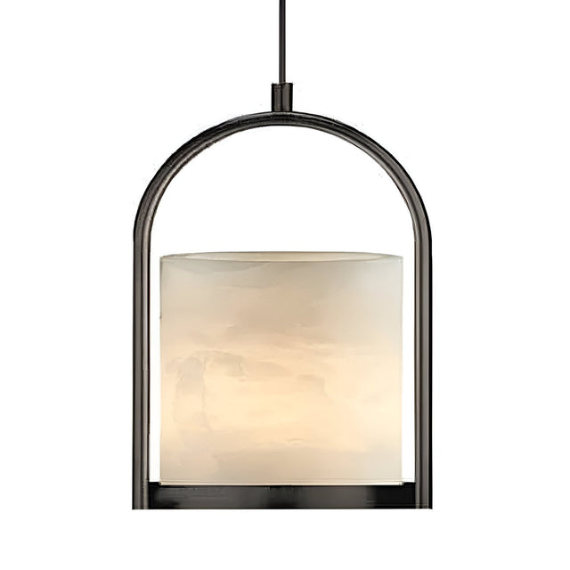 The Halorin 1 Light Framed Alabaster Single Pendant Light features a soft white alabaster shade within a matte black arched frame, suspended by a black cord for modern elegance.