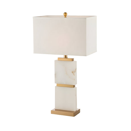 The Veradex 1 Light Alabaster Block Table Lamp features a rectangular soft white shade, an alabaster marble base with subtle veining, and brass accents on the base and finial, all set against a plain white background.