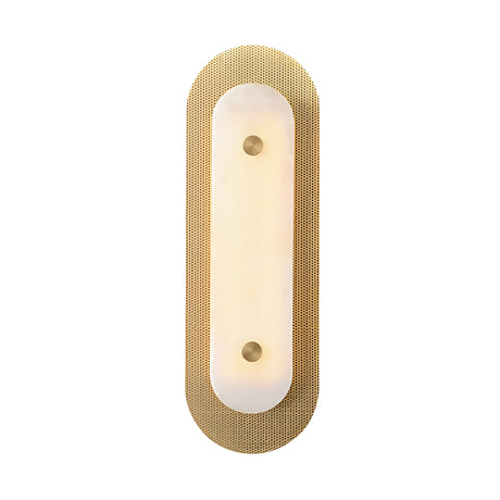 The Avelora LED Large Capsule Alabaster Wall Light features an oval shape, soft white frosted central panel, brass perforated outer frame, and two round brass accents, mounted vertically for a modern look.