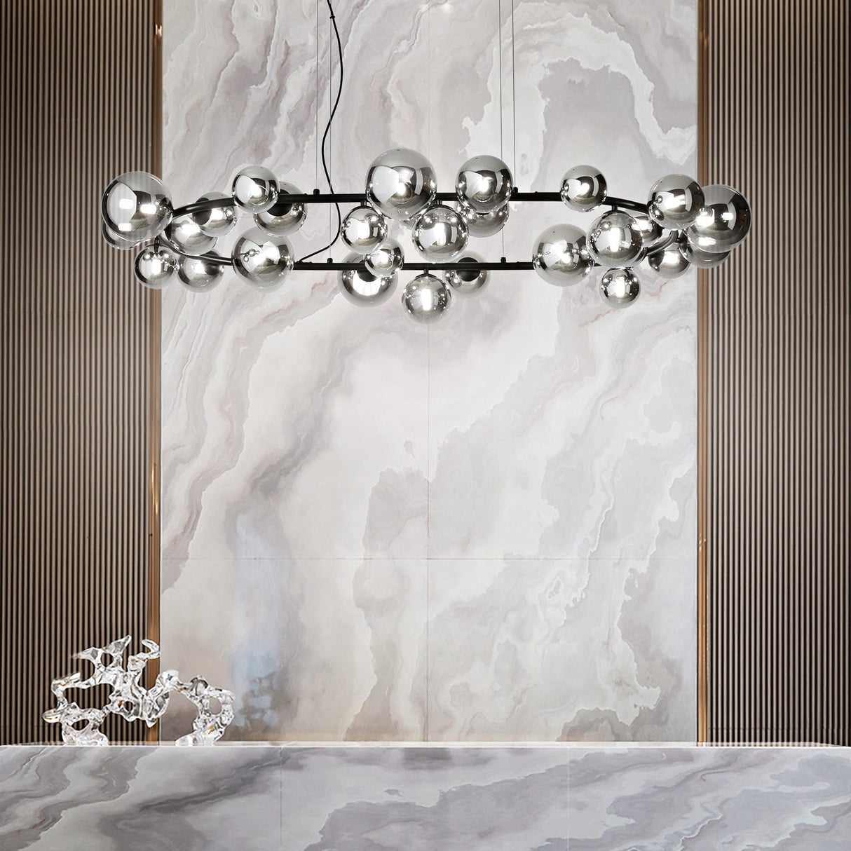 Perlage Chandelier - Matt Black with Amber Glass in situ