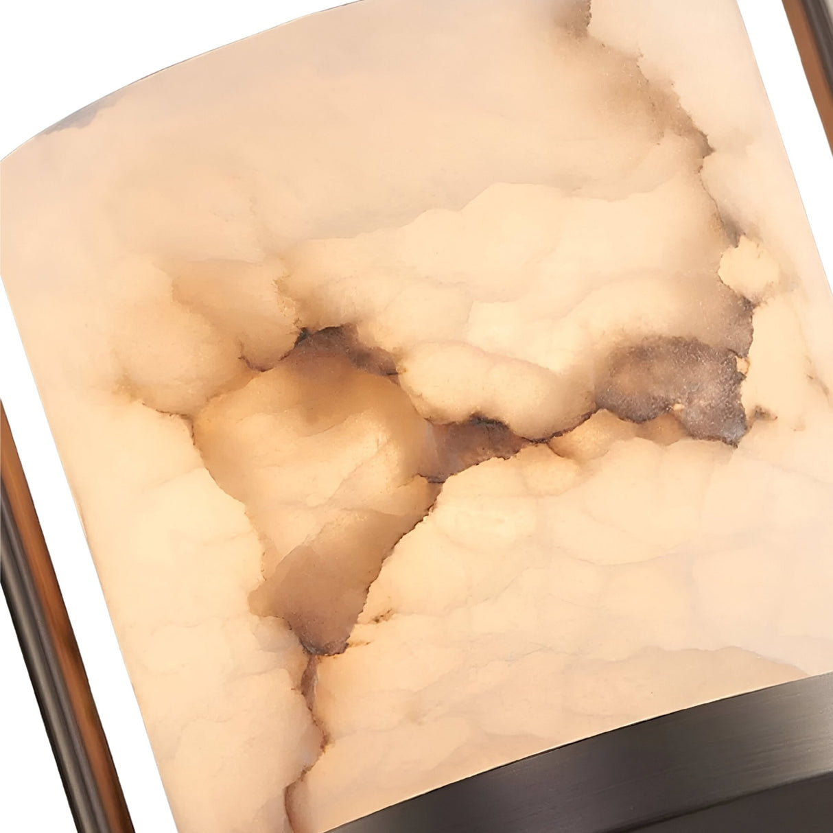 Close-up of the Halorin 1 Light Framed Alabaster Single Pendant Light, featuring a cylindrical creamy white and brown marbled alabaster shade with matte black metal accents for a soft, cloudy effect.