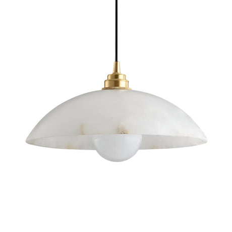 The Faylen 1 Light Bowl Alabaster Single Pendant Light in Soft White & Brushed Brass features a dome-shaped Spanish alabaster shade, a round white bulb, and is suspended from a black cord against a white background.