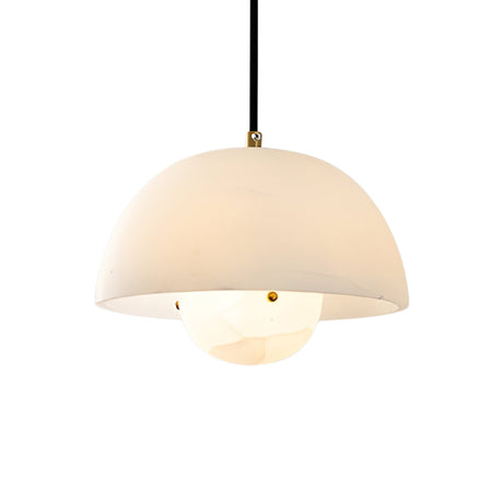 The Elvara 1 Light Bowl Alabaster Single Pendant Light features a smooth soft white dome shade and brushed brass accents, elegantly suspended by a black cord against a plain white background.