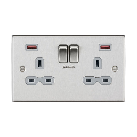 13A 2G DP Switched Socket with Dual USB A+A (18W FASTCHARGE) - Brushed Chrome with Grey Insert