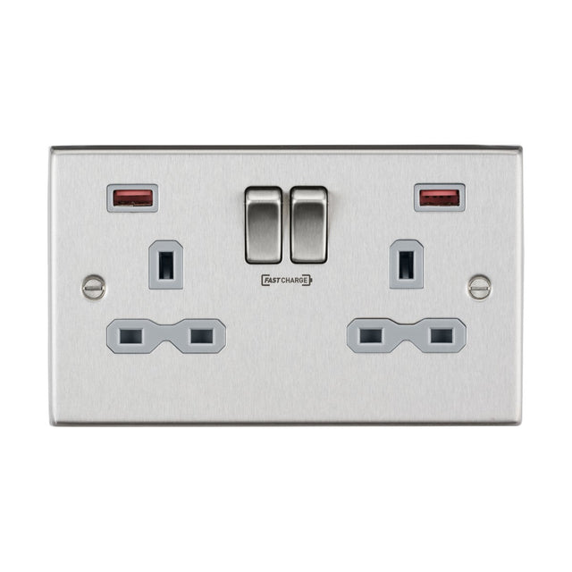 13A 2G DP Switched Socket with Dual USB A+A (18W FASTCHARGE) - Brushed Chrome with Grey Insert