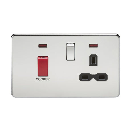 A polished chrome electrical wall socket showcases a 45A DP switch cooker control unit on the left and a UK plug socket on the right, featuring black inserts and a screwless design.