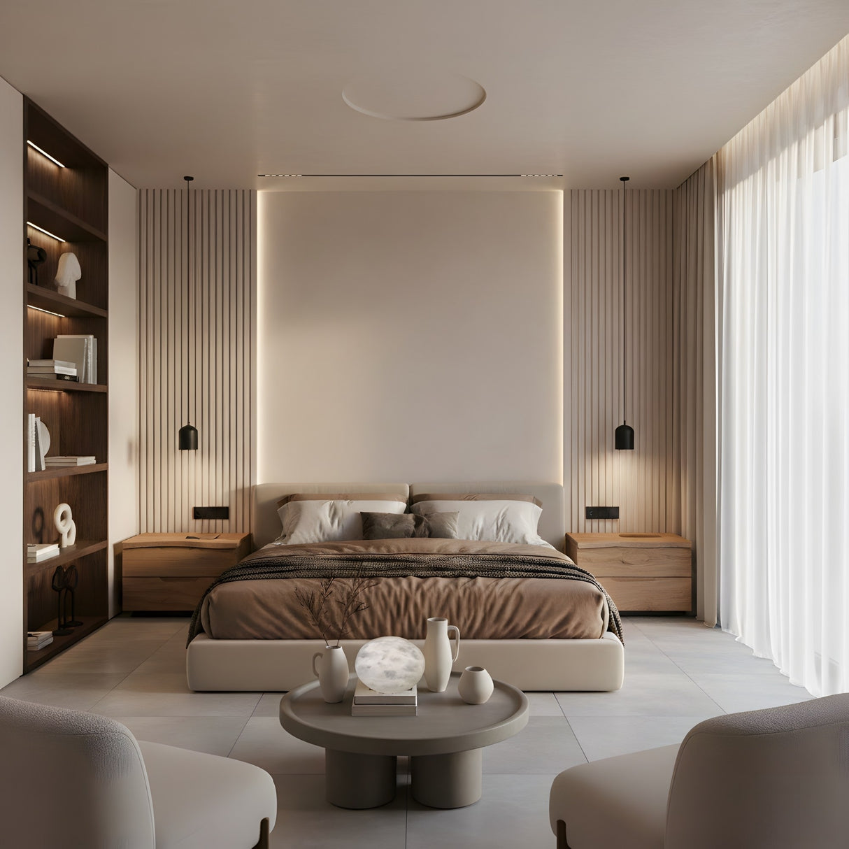 A modern, minimalist bedroom centers a bed between two wooden nightstands, built-in shelving, two chairs, a round coffee table, and sheer curtains—subtle elegance comes from the Illuma Small Pebble Alabaster Table Lamp in Soft White.