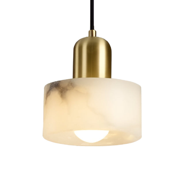 The Dorvex 1 Light Alabaster Single Pendant Light features a soft white cylindrical shade with a brushed brass top, suspended by a black cord.