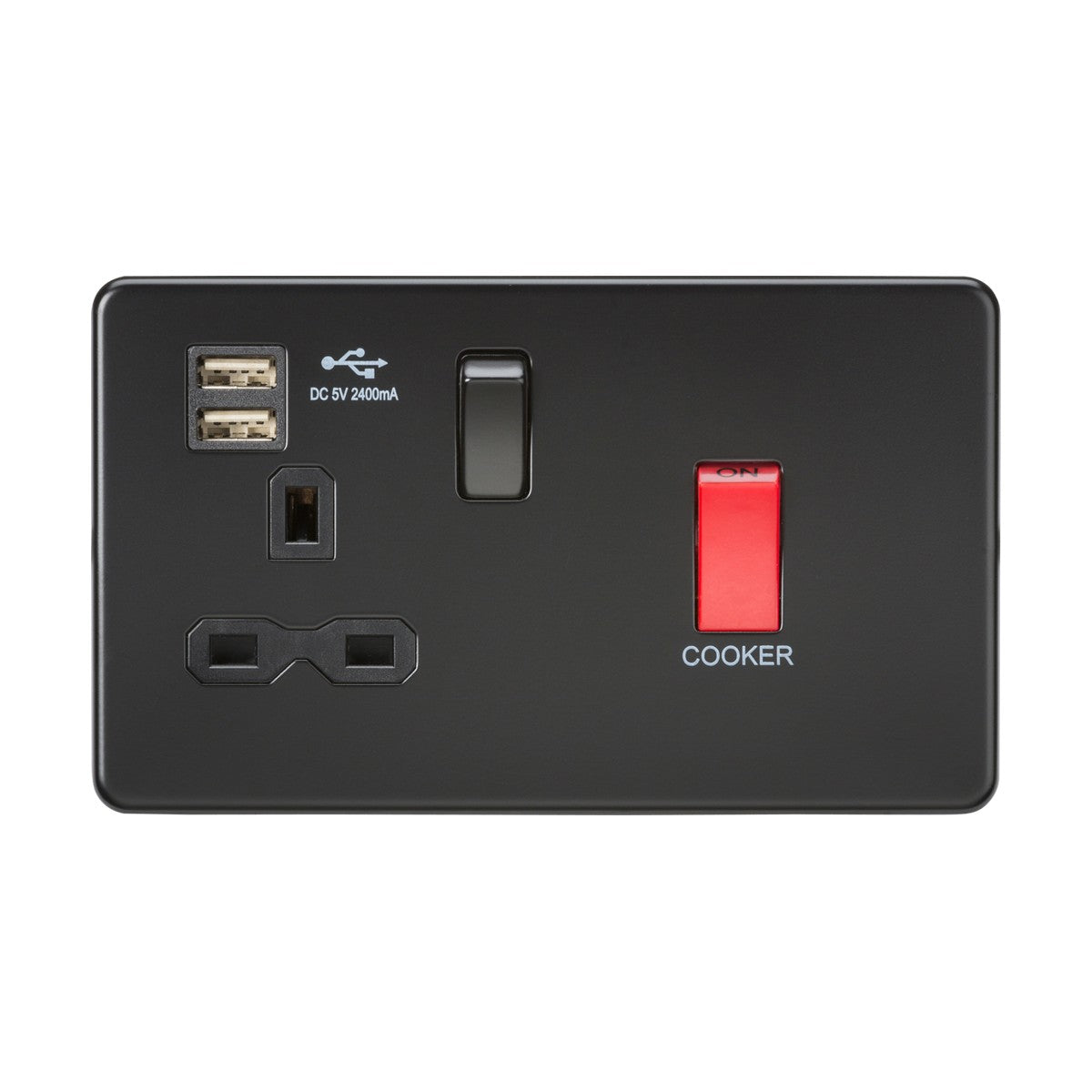 The 45A DP Switch & 13A Switched Socket with Dual USB in matt black is a stylish electrical outlet featuring a screwless design. It includes dual USB chargers labeled DC 5V 2400mA and a standard three-pin socket, along with labeled switches, one of which is red and marked "Cooker," serving as an efficient cooker control unit.