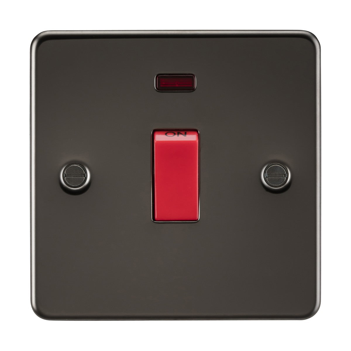 The 45A DP Switch Neon (1 Gang Size) - Gunmetal (Flat Plate) is a sleek, low-profile black light switch distinguished by its vivid red toggle labeled "ON." It features minimalistic aesthetics and two screw placements on either side, making it perfect for seamless integration in contemporary spaces.