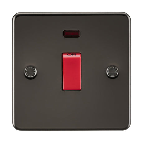 The 45A DP Switch Neon (1 Gang Size) - Gunmetal (Flat Plate) is a sleek, low-profile black light switch distinguished by its vivid red toggle labeled "ON." It features minimalistic aesthetics and two screw placements on either side, making it perfect for seamless integration in contemporary spaces.