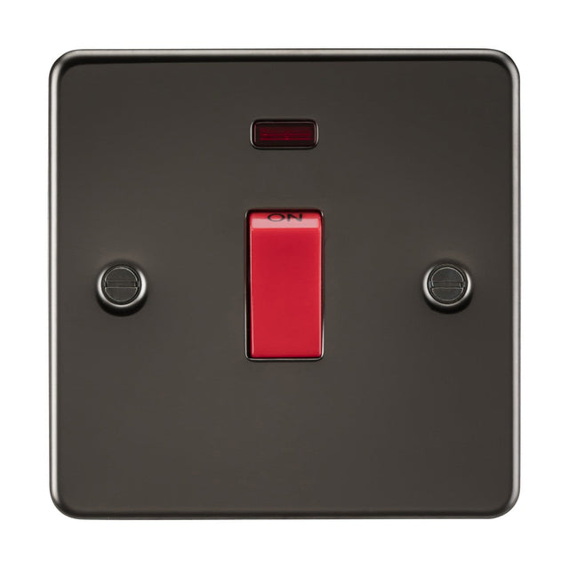 The 45A DP Switch Neon (1 Gang Size) - Gunmetal (Flat Plate) is a sleek, low-profile black light switch distinguished by its vivid red toggle labeled "ON." It features minimalistic aesthetics and two screw placements on either side, making it perfect for seamless integration in contemporary spaces.