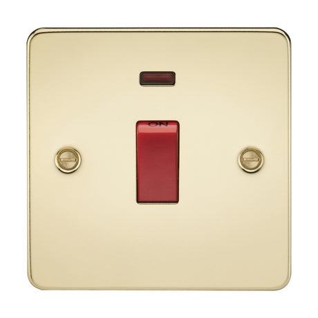 A 45A DP switch in polished brass, featuring a sleek flat plate design labeled ON with a red toggle in the center. It has two visible screws on each side and includes a small rectangular neon indicator above the toggle.