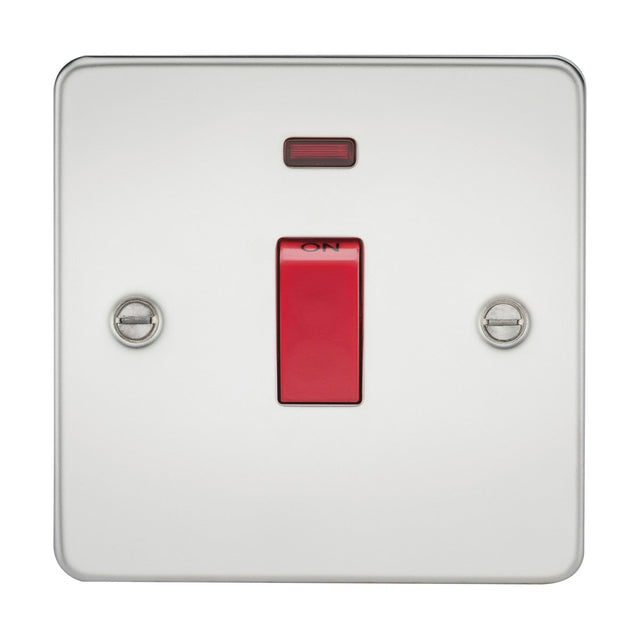 A polished chrome electrical switchplate featuring the 45A DP Switch Neon (1 Gang Size) has a red rocker switch with an ON label in the center. It is enhanced by a small red indicator light above the switch and secured by two silver screws on each side.