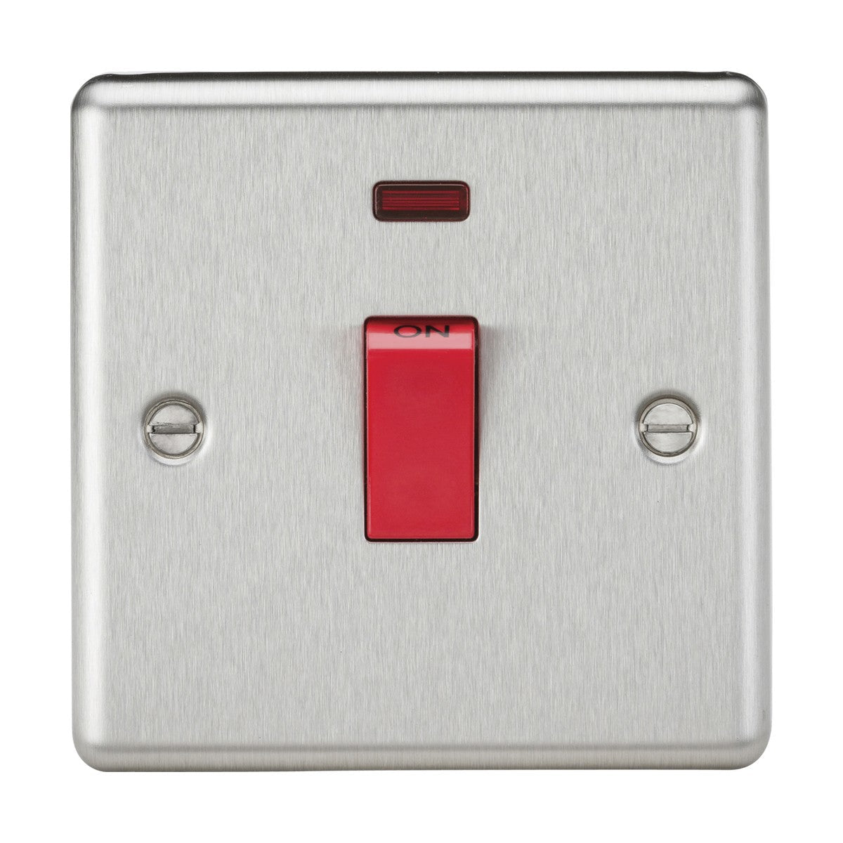 A 45A DP Switch Neon (1 Gang Size) with a brushed chrome finish, featuring a red toggle and an ON label in the center. It is set within a sleek brushed metal plate with rounded edges, includes two visible screws, and has a small red indicator light above the toggle.