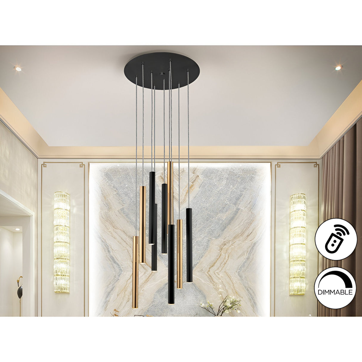 Varas 9 Light Dimmable LED Cluster Pendant - Gold/Black (With Remote Control)