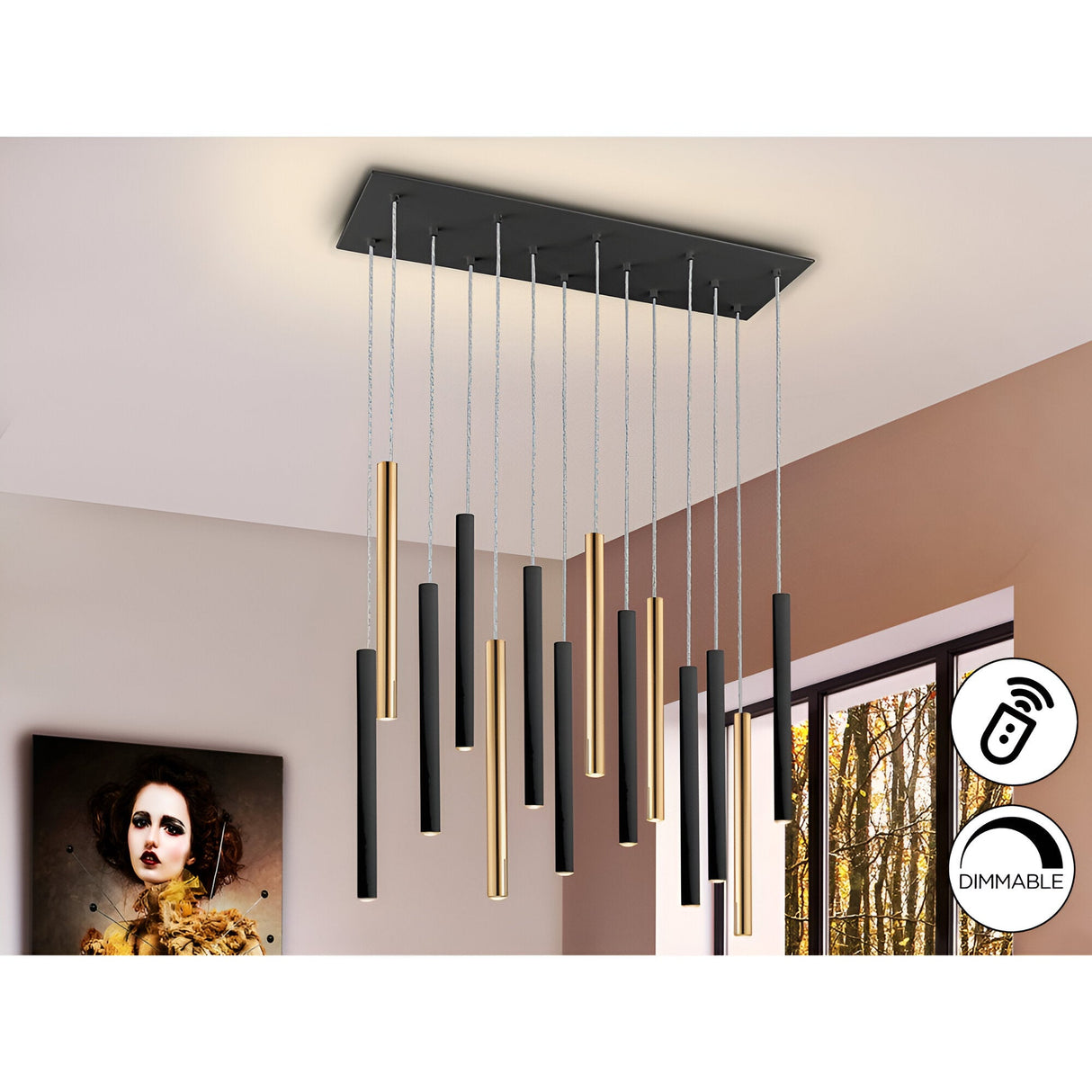 Varas 14 Light Dimmable LED Bar Pendant - Black/Gold (With Remote Control)