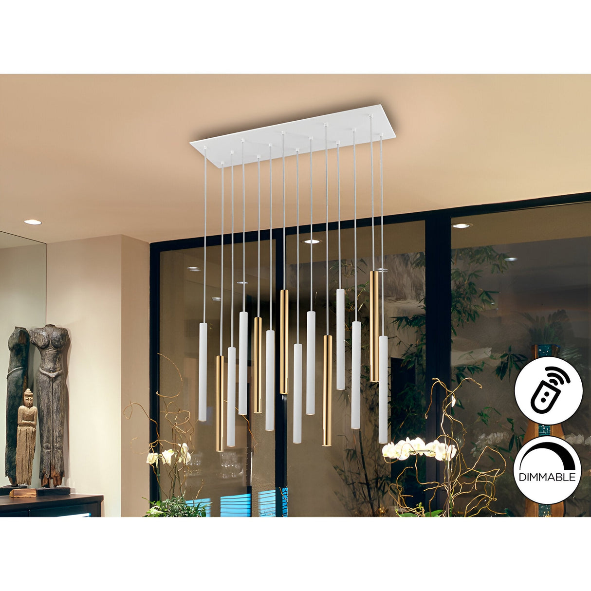 Varas 14 Light Dimmable LED Bar Pendant - White/Gold (With Remote Control)